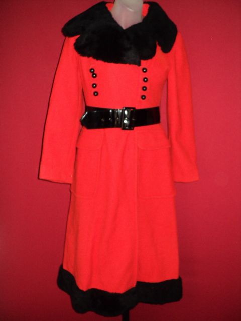 VINTAGE 60S Red Black Fur Collar Hem Jackie O 100% Wool Snow Bunny 