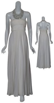 Angelic silk evening gown has mirrored rhinestones accenting the 