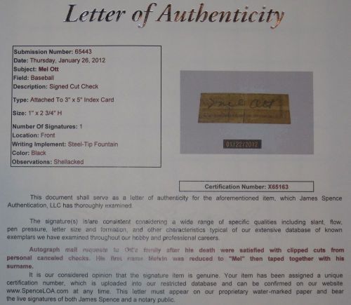 Mel Ott AUTOGRAPH Check cut auto JSA LOA 500 HR club  