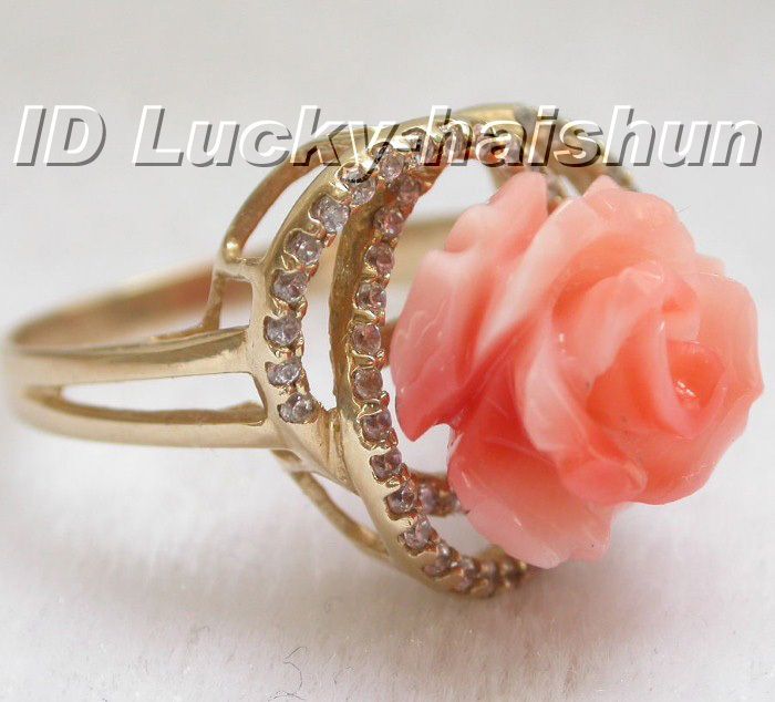 100% natural carved rose Free Form pink coral Rings 14K  
