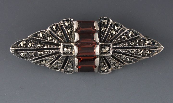 Sterling Silver Garnet Marcasite Pin/Brooch & Earrings  