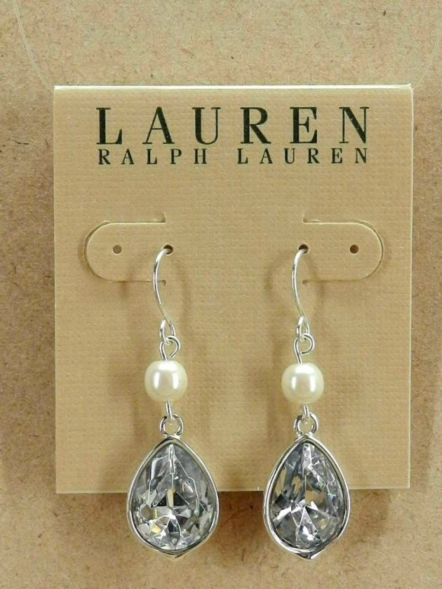 NEW RALPH LAUREN CRYSTAL & FAUX PEARL DROP EARRINGS FACETED PAVE NWT 