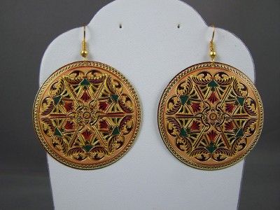 Tan teal red gold painted disc hoops 2.5 long earrings  