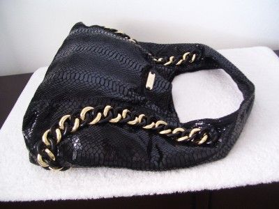   ID Chain Python Embossed Black Patent Leather Hobo Bag $448  