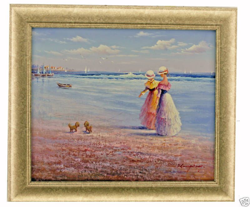 Victorian Ladies Walking Dogs Beach Shore Art FRAMED OIL PAINTING 